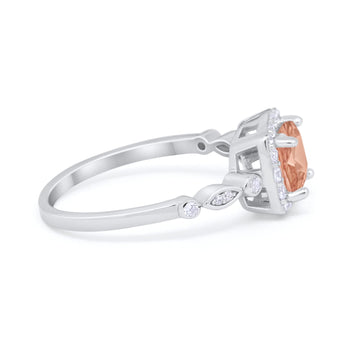 Halo Cushion Wedding Ring Bridal Simulated Morganite CZ 925 Sterling Silver